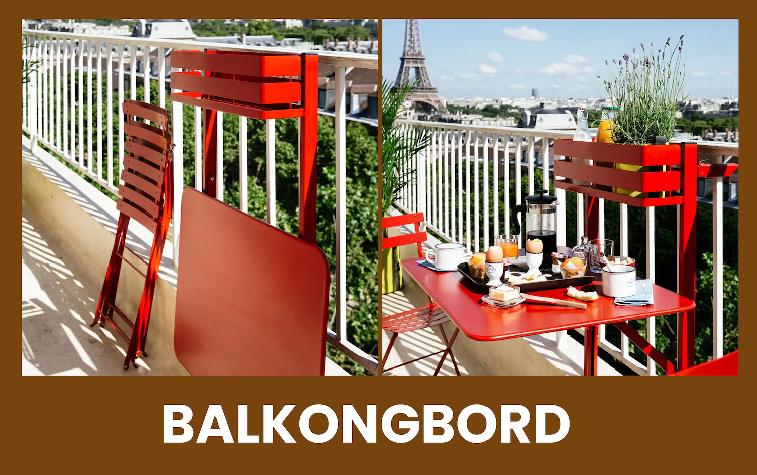 Rött balkongbord som går att fälla ihop står på en balkong i Paris